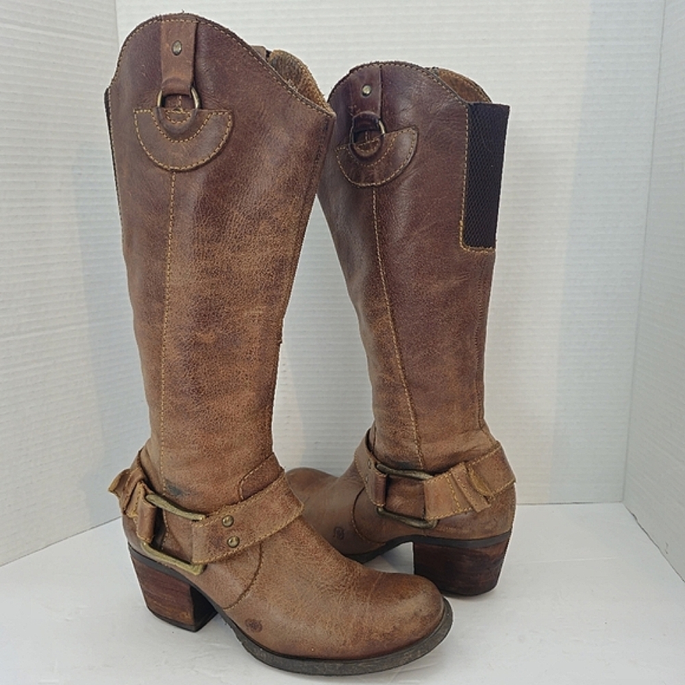 Born Brown Knee-High Distressed Leather Equestrian Heeled Riding Boots Women 4